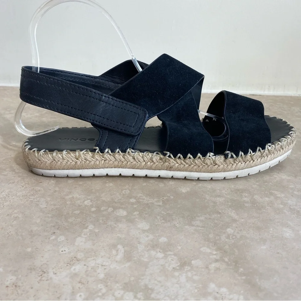Vince Tenison Espadrille Black Suede Adjustable Strap Sandal Women Size 9.5 M